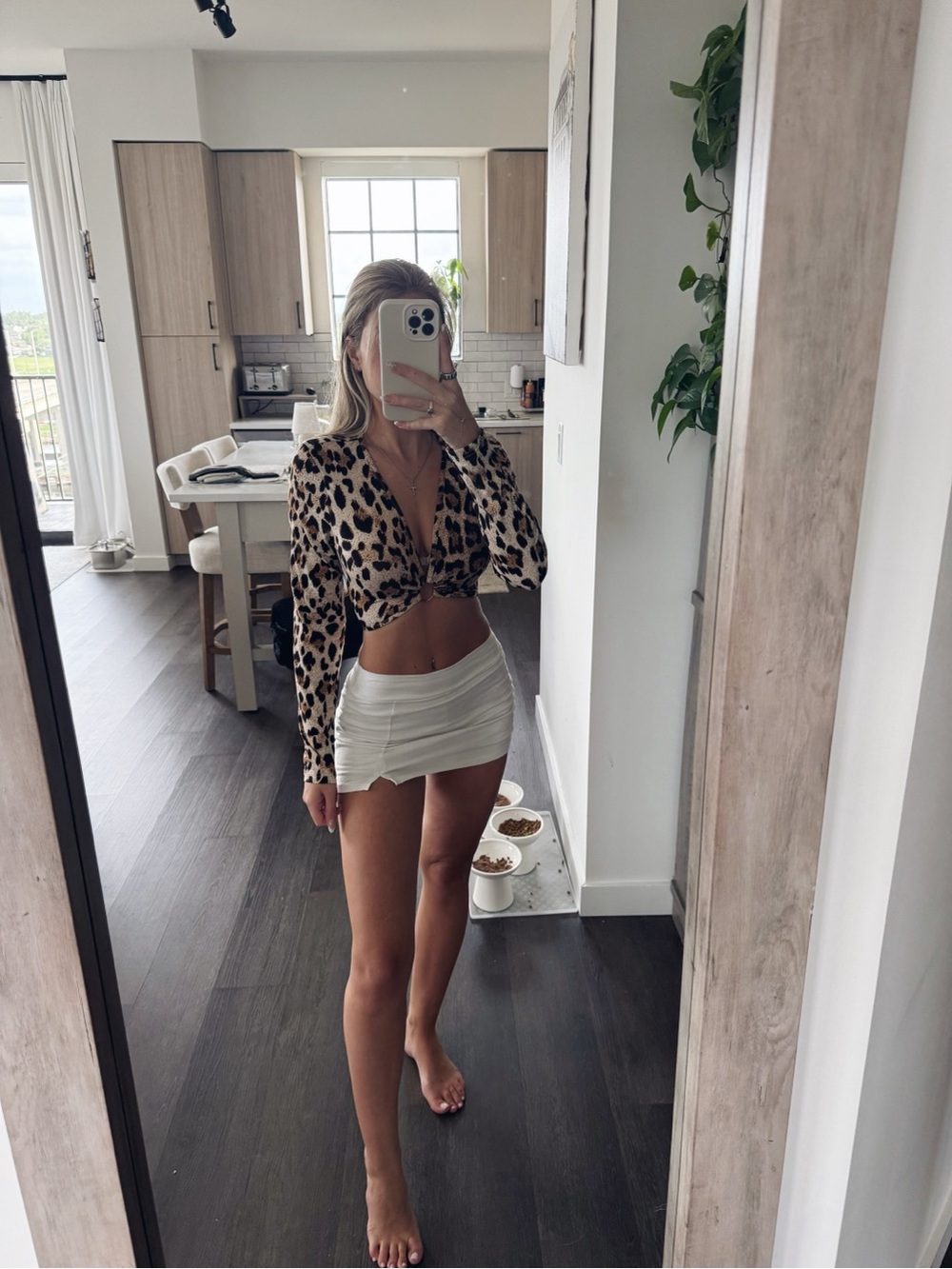 SHEIN Leopard Print Long Sleeve Tie-Front Crop Top - Beige Black Brown (Size S)